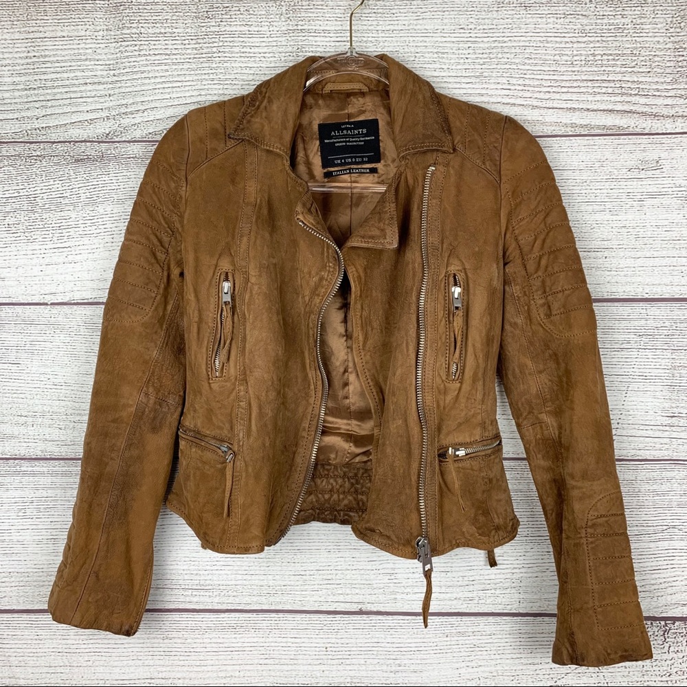 All Saints Tan Leather Biker Jacket